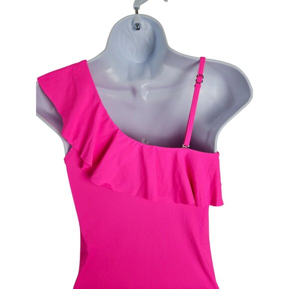 Tempt Me Womens Asymmetrical Neckline One Shoulder Ruffle Swimsuit Hot Pink Sz S - Picture 8 of 11